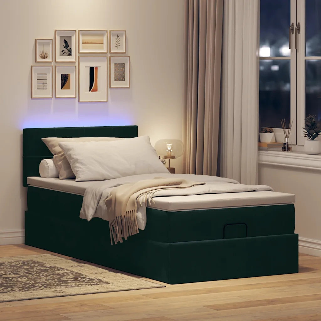 Pouf Letto con Materasso e LED Verde Scuro 80x200cm in Velluto