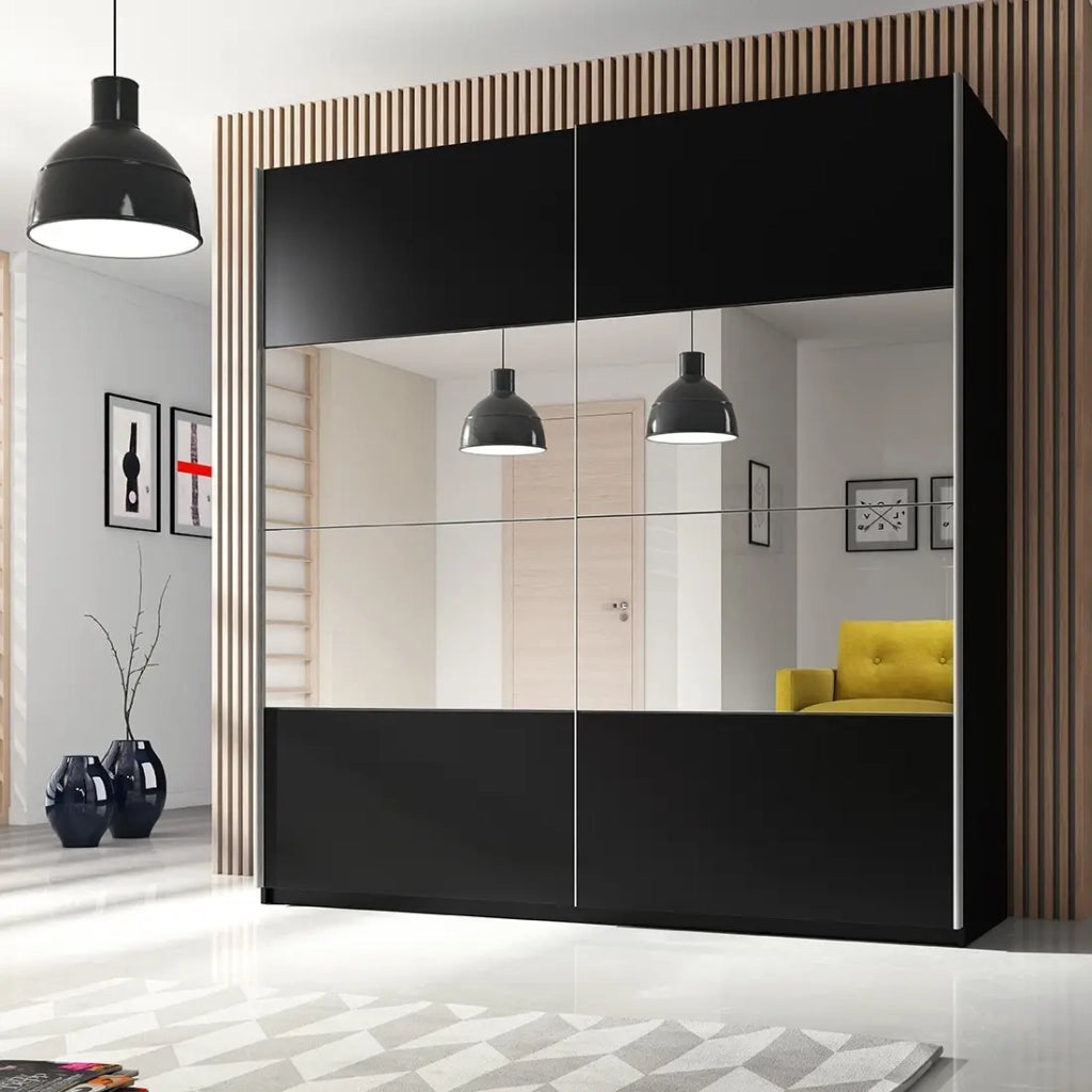 Armadio design 180cm. 2 porte con specchi modulari. Colore nero opaco. Collezione EOS