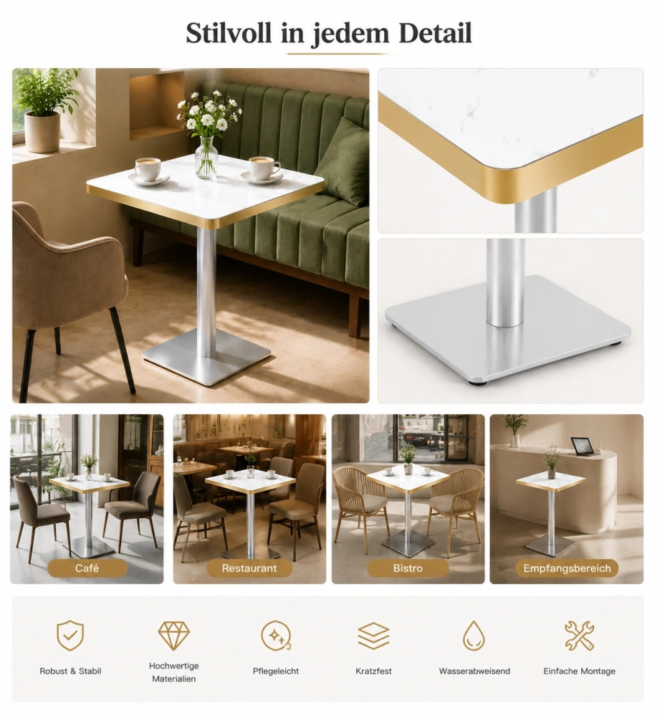TAVOLO Quadrato 60x60 cm Effetto Marmo MDF e Metallo Bianco
