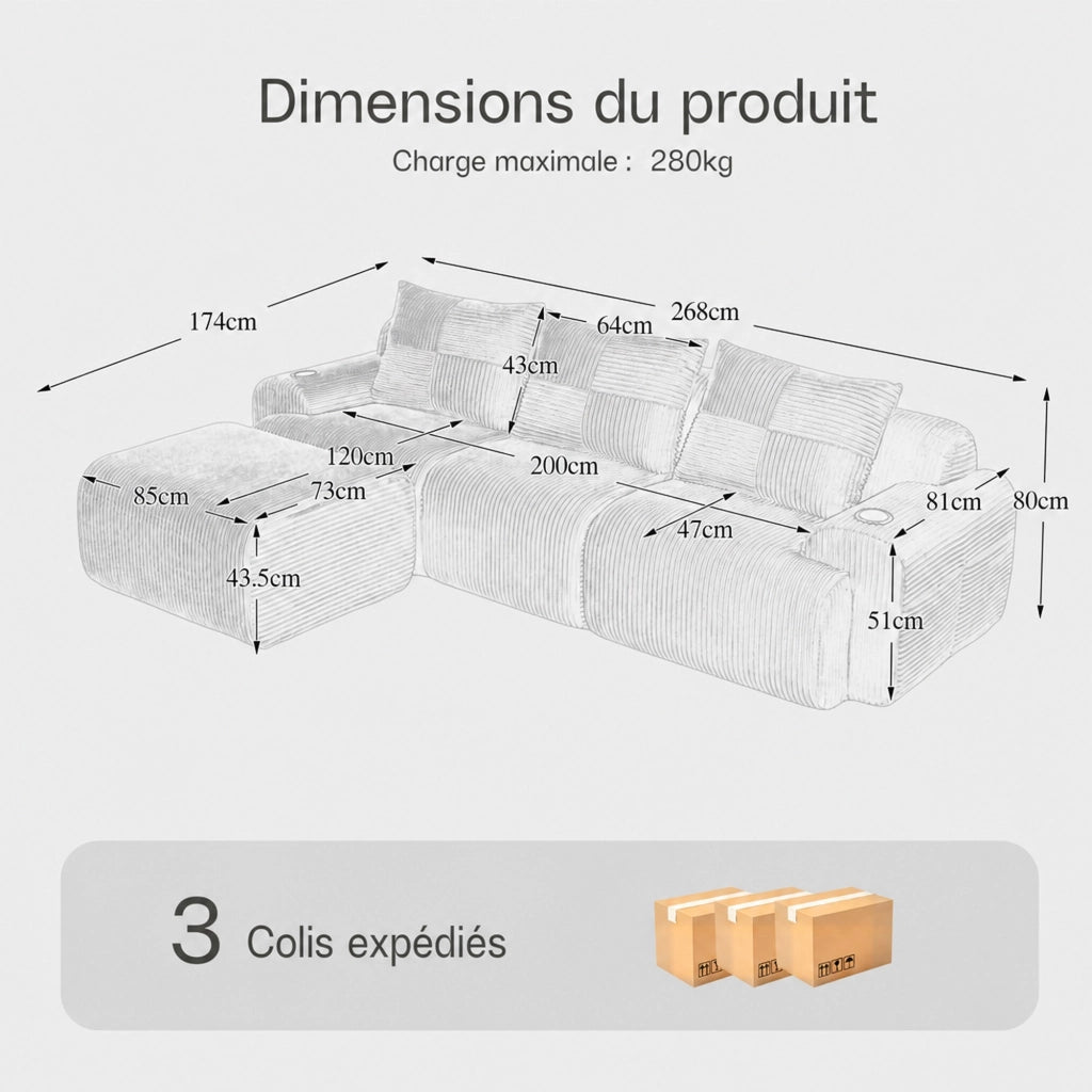 Divano modulare in corduroy per 3 persone con portabicchieri e tasca laterale per soggiorno beige 268 × 174 × 80 cm