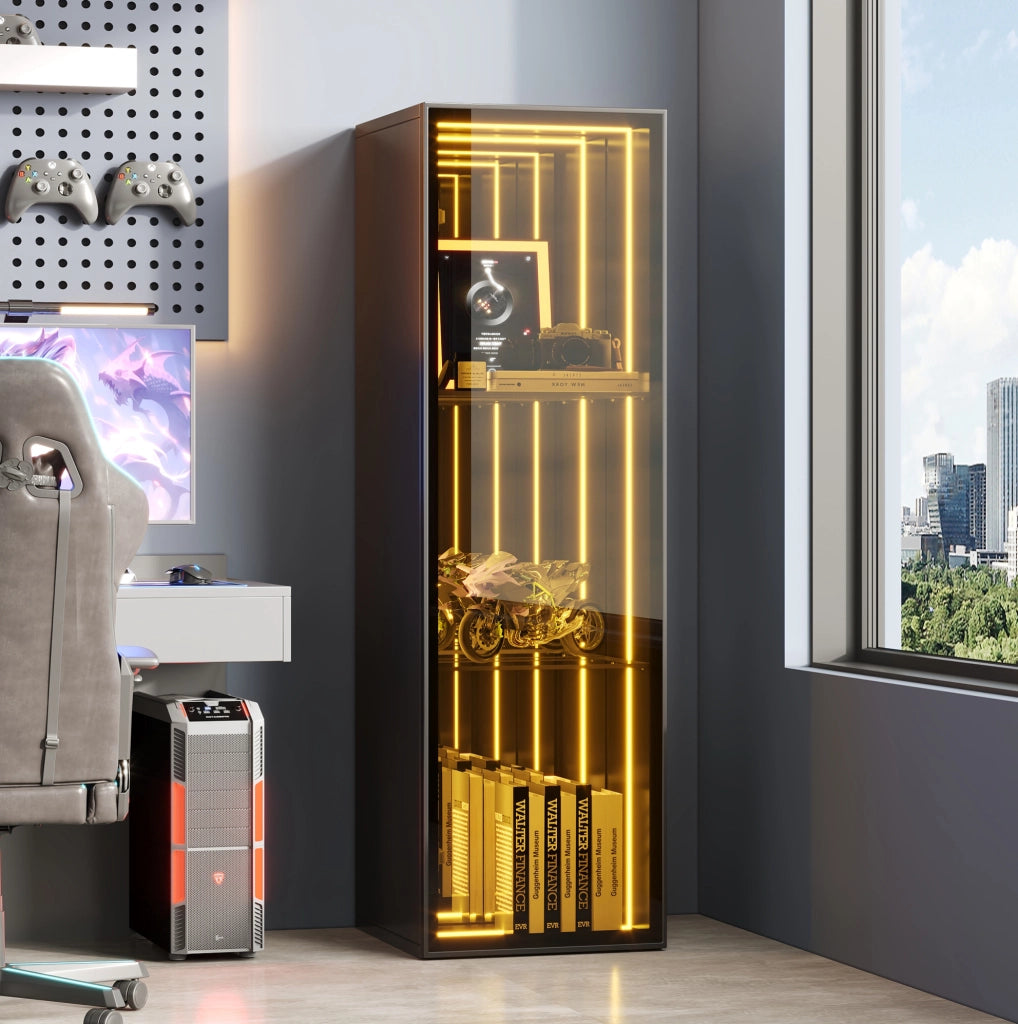 Vetrina 30x30x90 cm con LED e ripiani regolabili in MDF; alluminio e vetro temperato nera