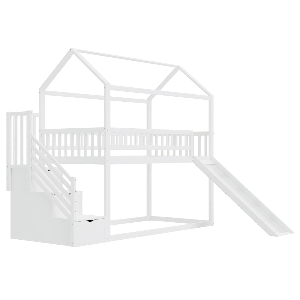 Letto a castello con scivolo e scala portaoggetti in legno bianco 90x200 cm