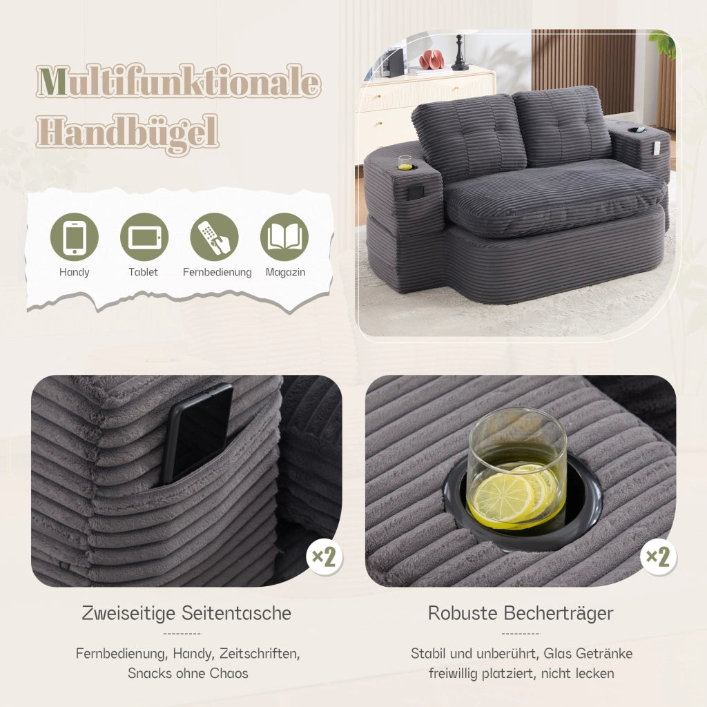 POLTRONA LETTO 2 IN 1 In Corduroy Grigio Scuro con Portabicchieri