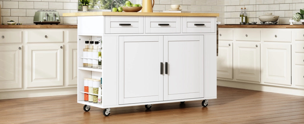 Carrello isola cucina pieghevole con piano estensibile, vani contenitore, 3 cassetti, prese e ruote 120 x 45(70) x 84 cm