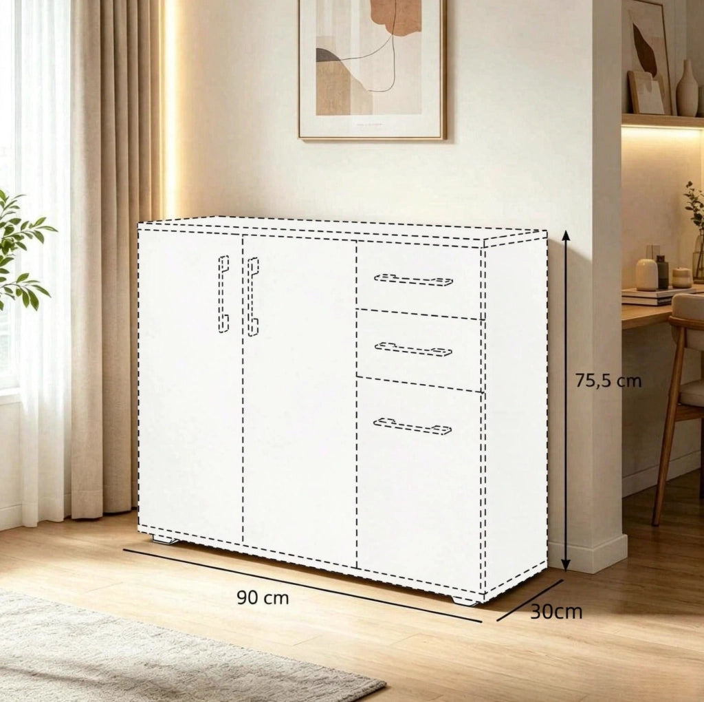 Credenza moderna 90 cm bianca e naturale con 2 cassetti