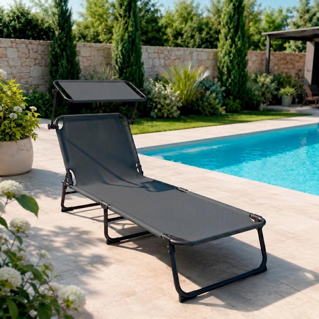 Set Di 2 Lettini Mare Pieghevoli Con Tettuccio Parasole Regolabile Schienale Reclinabile Sdraio Struttura In Acciaio Traspirante Ideali Per Spiaggia Giardino Campeggio Relax Estivo 24 x 187 x 53 Cm Grigio Scuro