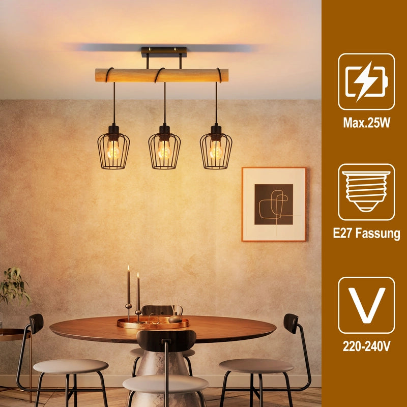 ZMH Lampada da soffitto vintage in legno metallo nero design industriale E27 per soggiorno senza lampadina
