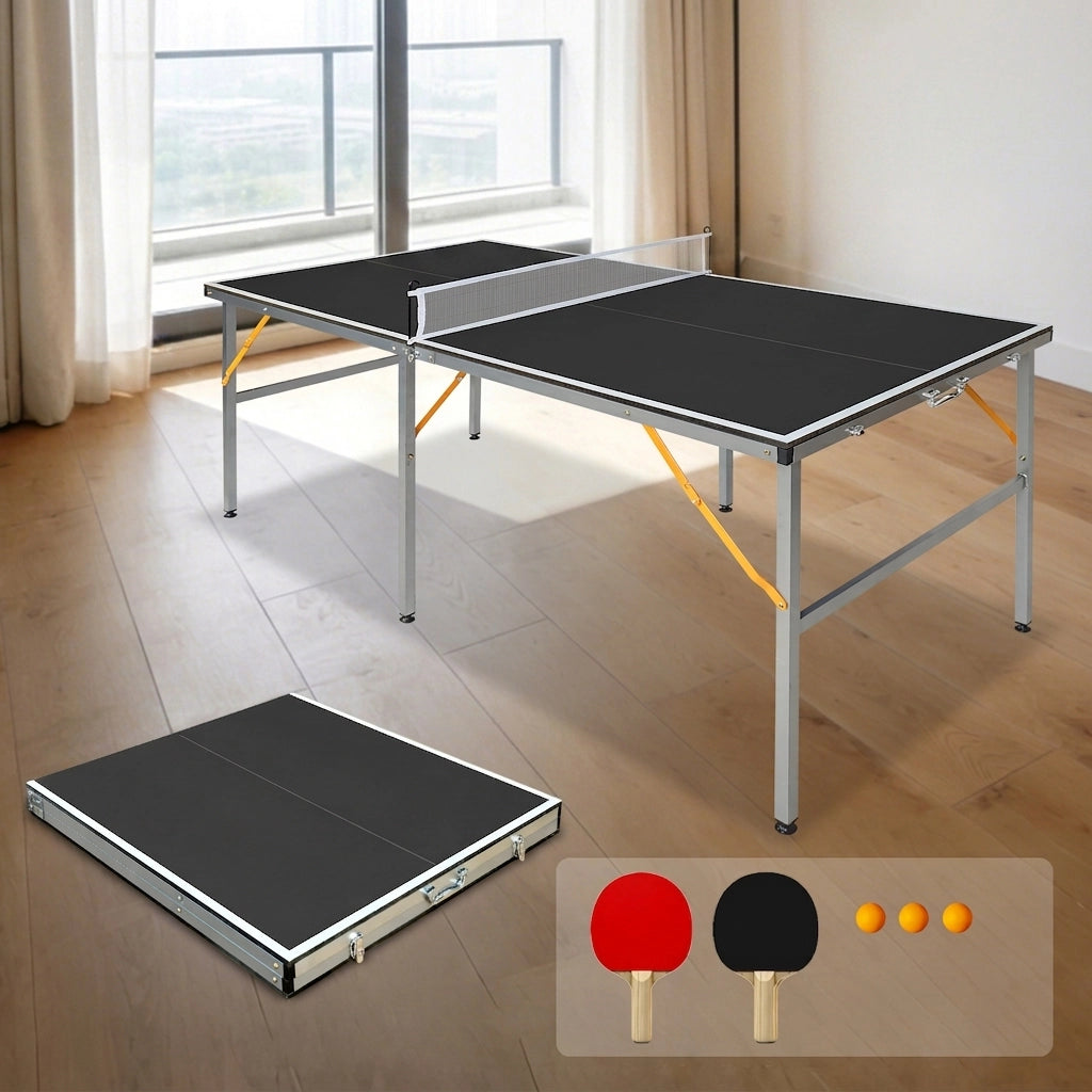 Tavolo da Ping Pong Pieghevole 182×91×76;2 cm 6 FT con Rete; 2 Racchette e 3 Palline; Nero