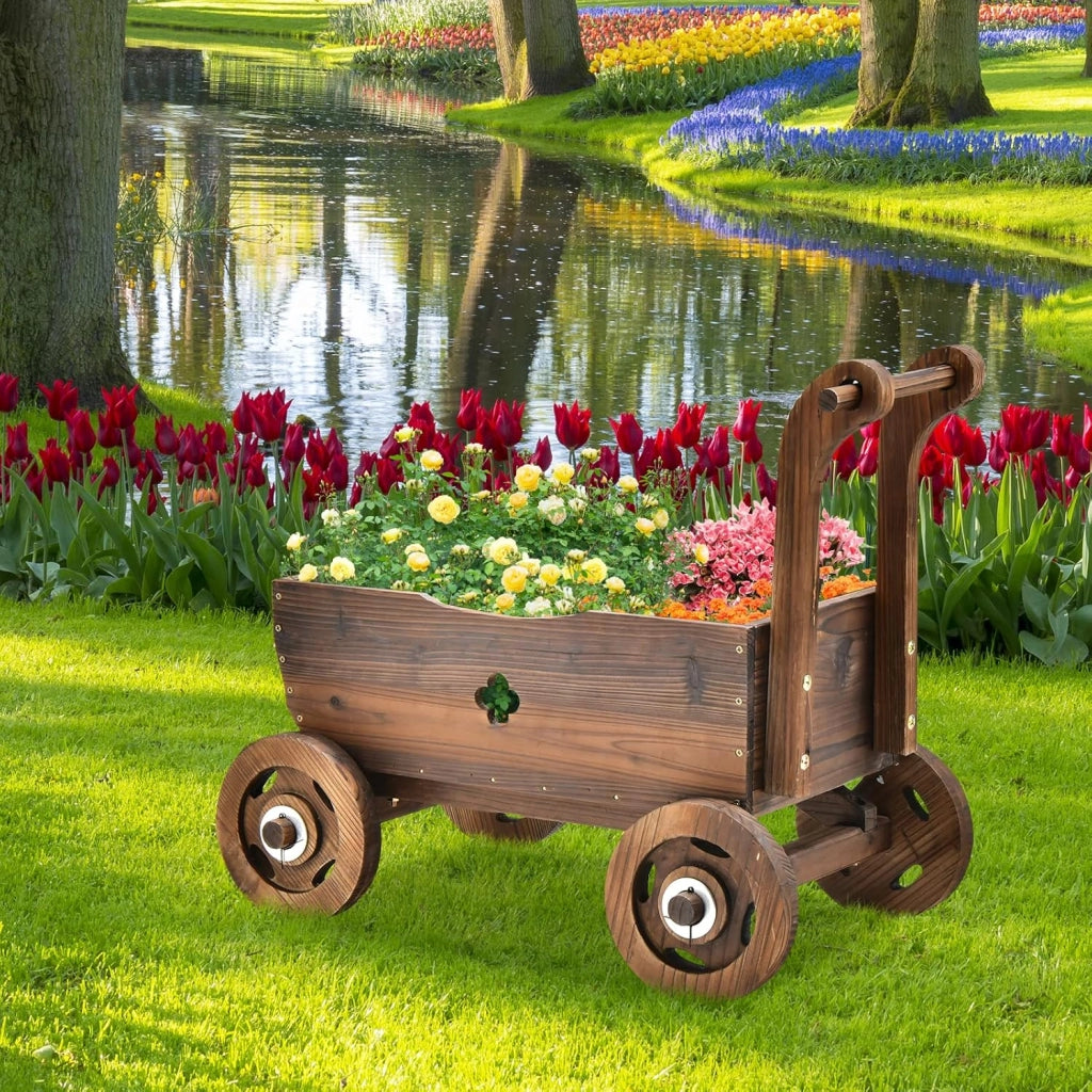 Fioriera da Esterno in Legno a Forma di Carrello, Carriola Portafiori con 4 Ruote, Maniglia e Foro di Drenaggio, Carrello Decorativo da Interno ed Esterno, per Patio, Giardino e Balcone