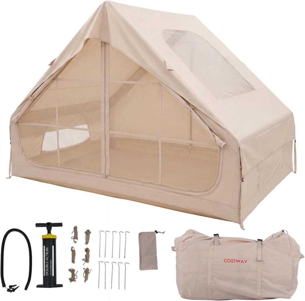 Tenda da Campeggio Gonfiabile, Tenda da Esterno in Tessuto Oxford Impermeabile con Porte, Finestre, Pompa e Borsa da Trasporto per 4 Persone, per Viaggi e Escursionie, 295 x 205 x 200 cm
