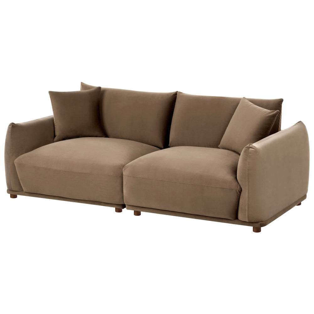 Set divano moderno a 5 posti in velluto con cuscini decorativi e poltrone con gambe in legno marrone stile moderno