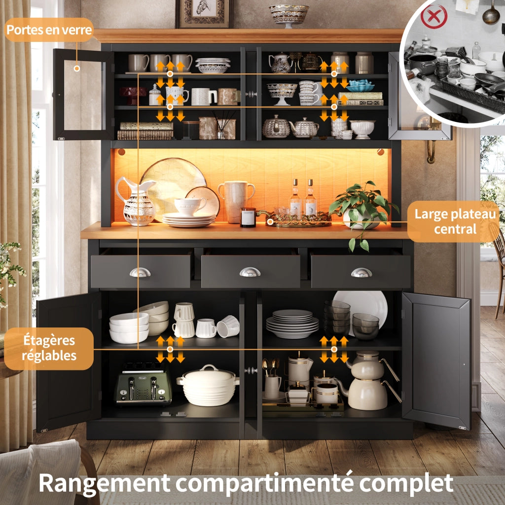 Credenza alta vetrina LED con anta in vetro e ripiani regolabili; per sala da pranzo; nero; 140 × 40 × 180 cm