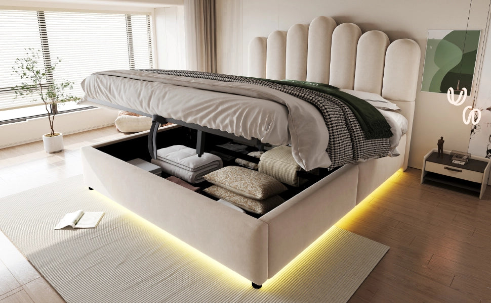 Letto imbottito 140x200 cm con contenitore idraulico, testiera imbottita, LED e rete a doghe, in velluto beige