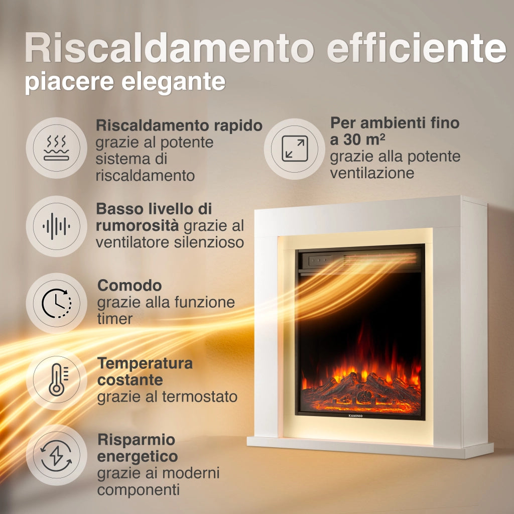 KAMINIO Camino elettrico MATTI - Caminetto da pavimento con riscaldamento, effetto fiamma 3D, luce ambiente a LED, telecomando - 32 pollici, Bianco