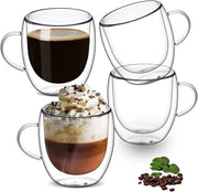 Set di 4 Tazze in Vetro a Doppia Parete per Caffè e Tè 250ml con Manici Isolanti per Latte, Caffè, Cappuccino e Tè Caldo/Freddo