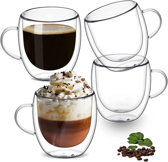 Set di 4 Tazze in Vetro a Doppia Parete per Caffè e Tè 250ml con Manici Isolanti per Latte, Caffè, Cappuccino e Tè Caldo/Freddo