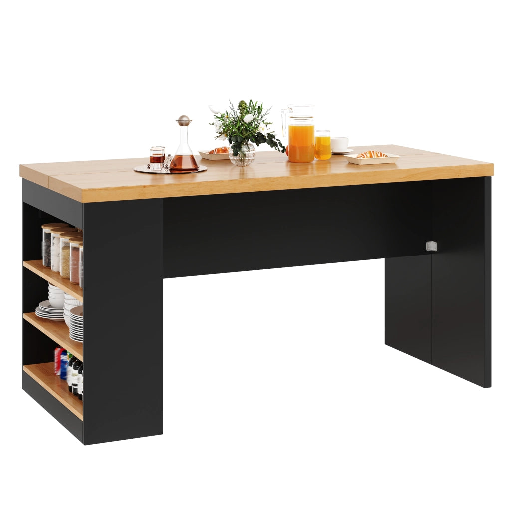 Isola cucina 155x80x90 cm con illuminazione LED, prese AC e USB, piano 40 mm, 3 ripiani aperti, colore Black+Natural