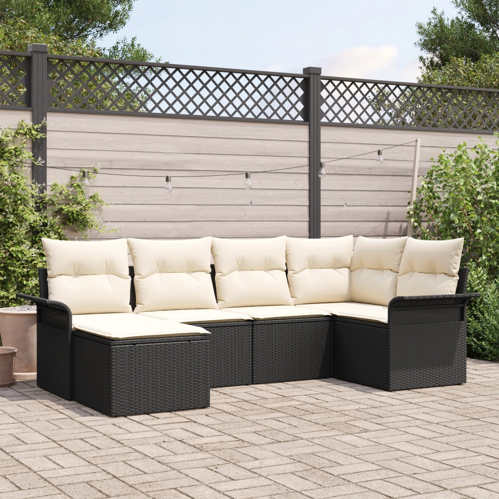 Set divano da giardino con cuscini da 6 pezzi in polyrattan nero