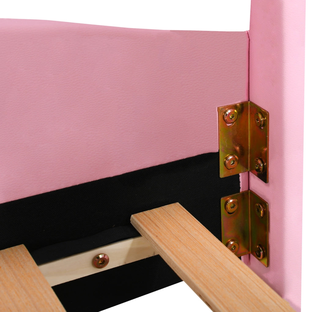 Letto singolo imbottito ULEVR 90x200 cm con testiera a corona, similpelle rosa e bianca