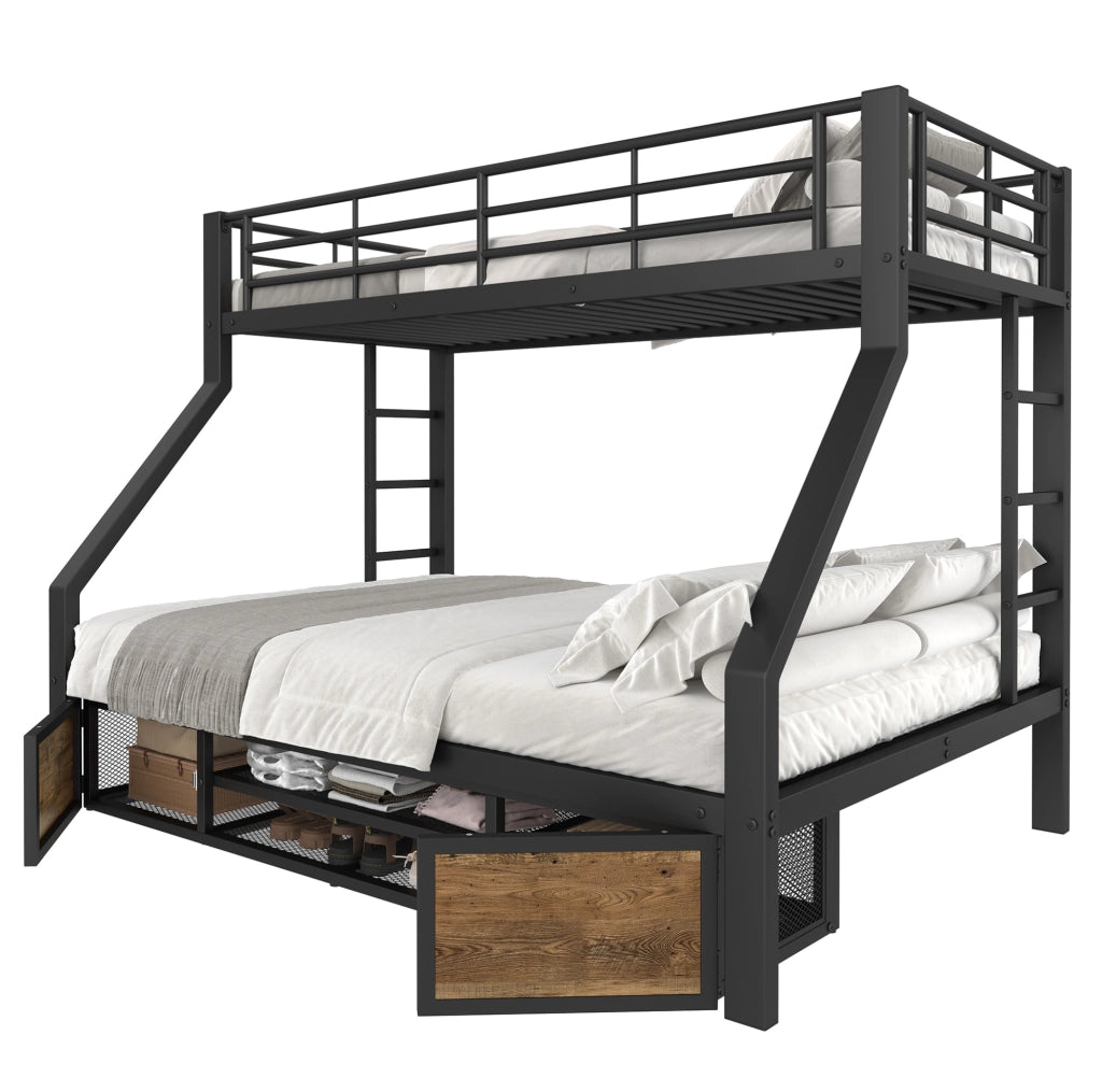 Letto a castello per bambini con scarpiera e vani contenitore; 90x200 cm sopra e 140x200 cm sotto; nero; senza materasso
