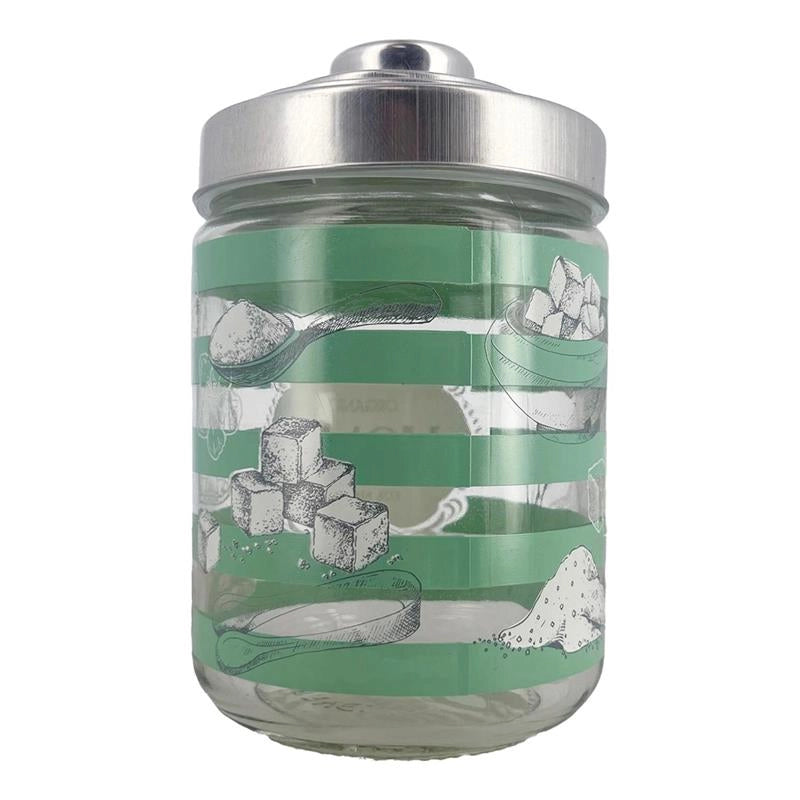 SET 3 BARATTOLI HOME IN VETRO CON FANTASIA E SCRITTA HOME IN COLORAZIONE VERDE CON TAPPO 800 CC