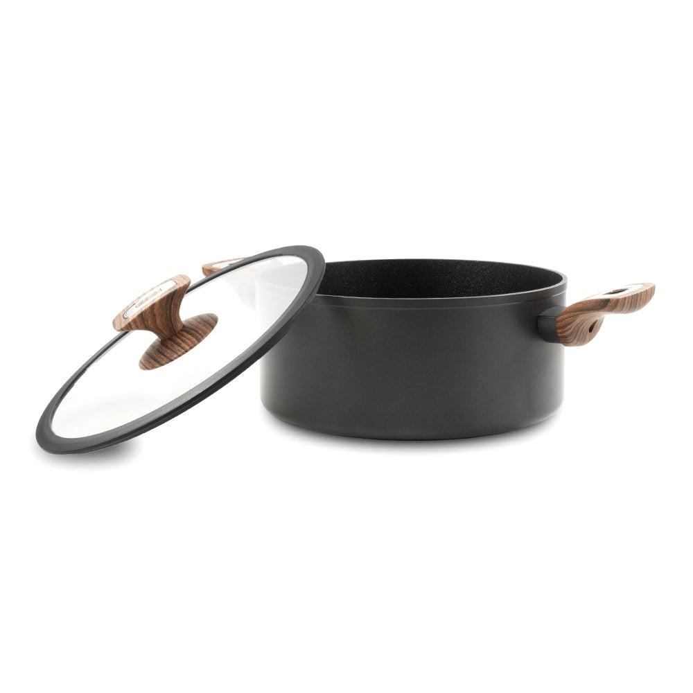 Casseruola 2 maniglie con coperchio Elegance Wood 24 cmdoppio fondo acciaio inox, manico Soft touch