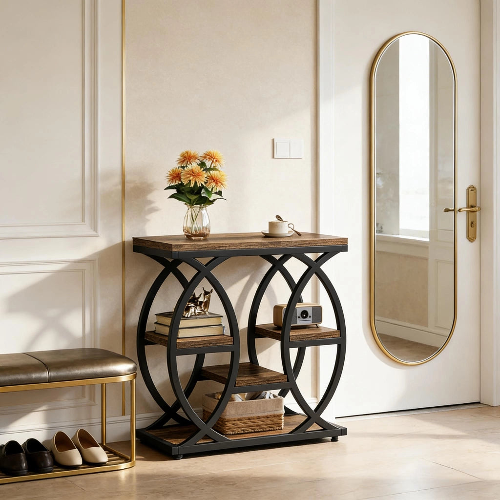 Tavolino basso compatto a più livelli in metallo e legno marrone 72 × 61,5 × 11,5 cm