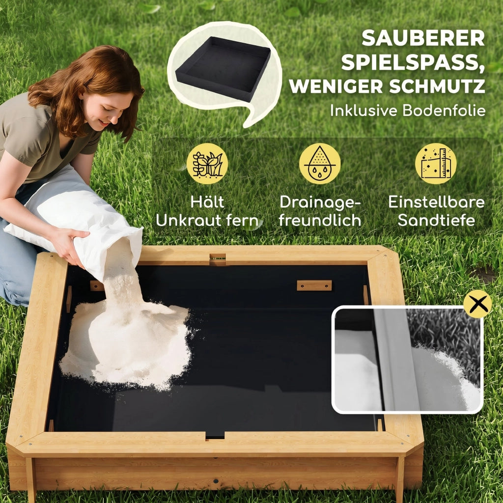 Sandbox per bambini con sedili e coperchio regolabile in altezza ¨C zephmum ¨C 106x106 cm legno chiaro