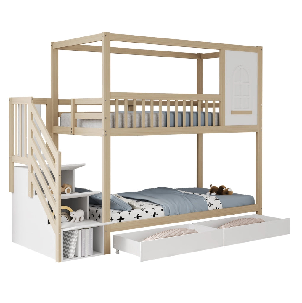Letto a castello 90x200 cm con scala e cassetti; sponde di sicurezza in legno colore naturale