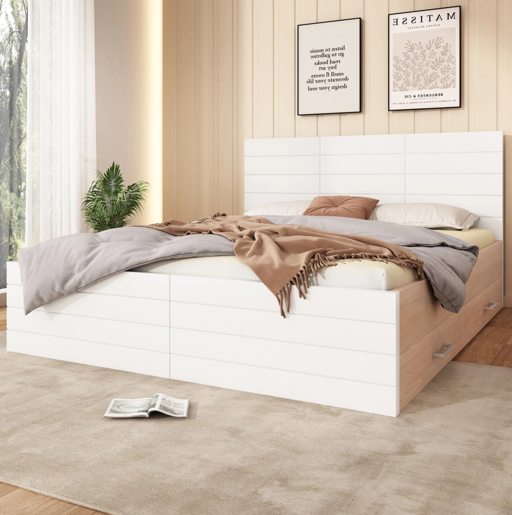Letto matrimoniale 140x200 cm con 2 cassetti; rete a doghe e materasso; bianco rovere