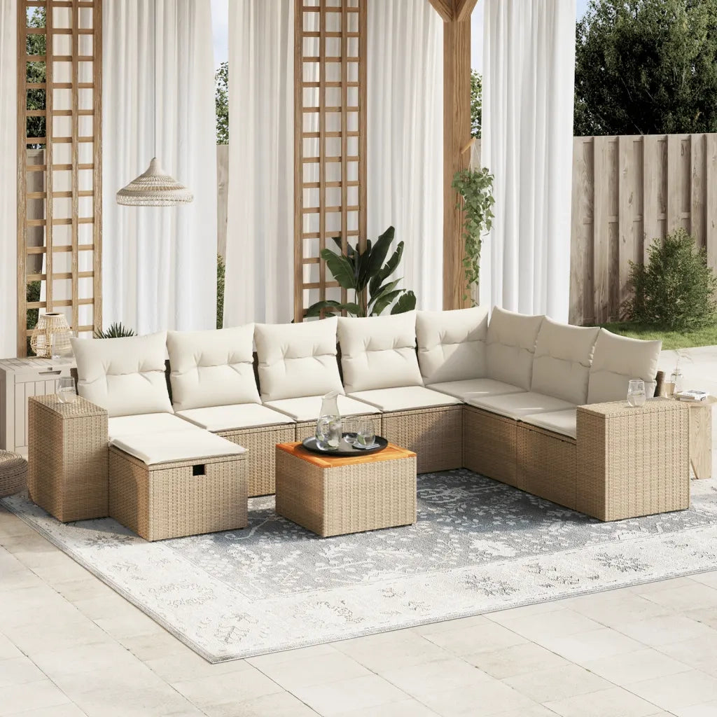 Set Divano da Giardino 9 pz con Cuscini Beige in Polyrattan