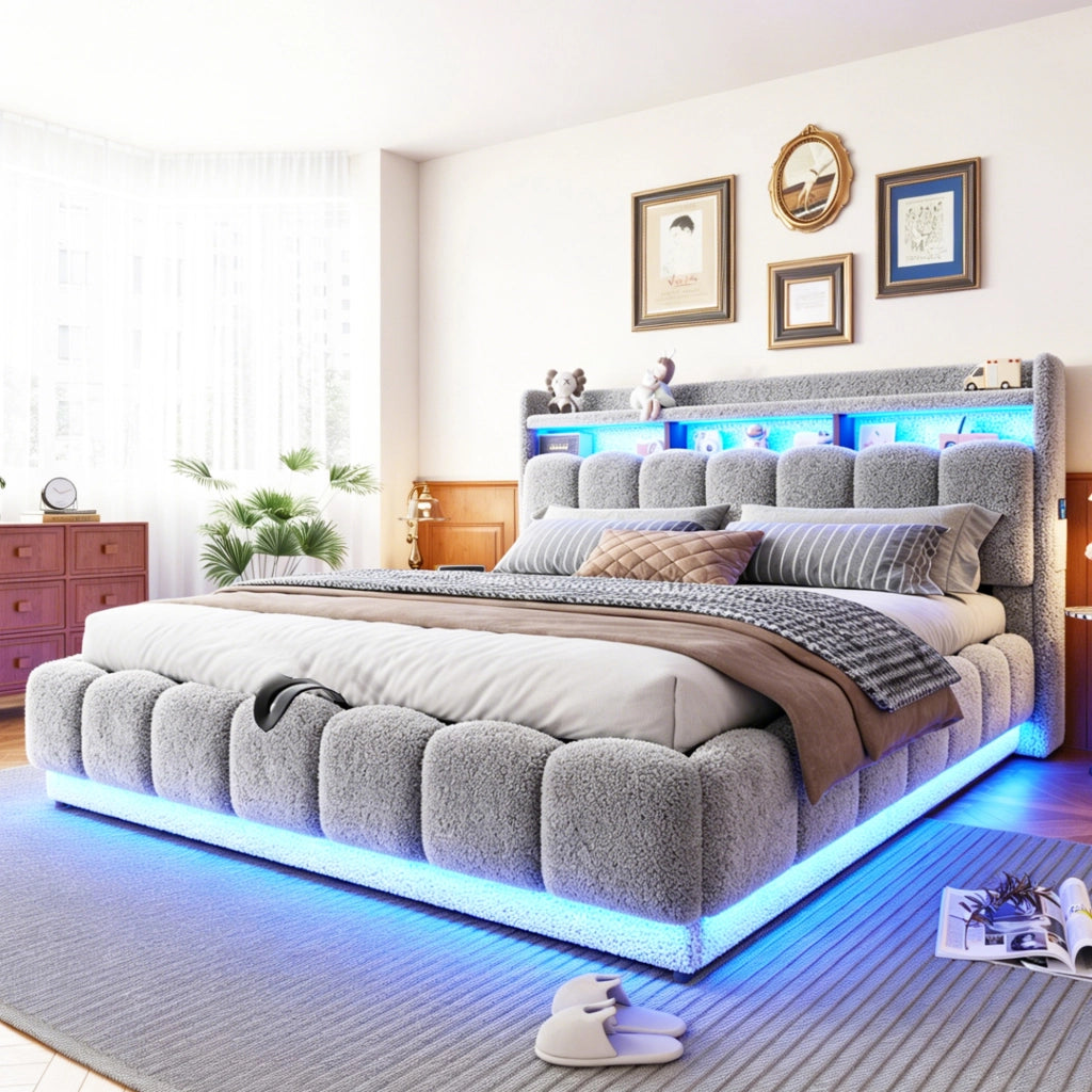 Letto matrimoniale 180x200 cm con contenitore idraulico; LED e USB; grigio