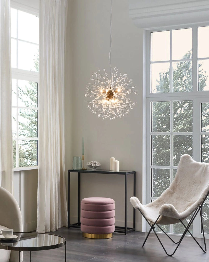 Lampada a sospensione in cristallo Base metallica dorata Perle di vetro Crystaal 8 attacchi Design contemporaneo