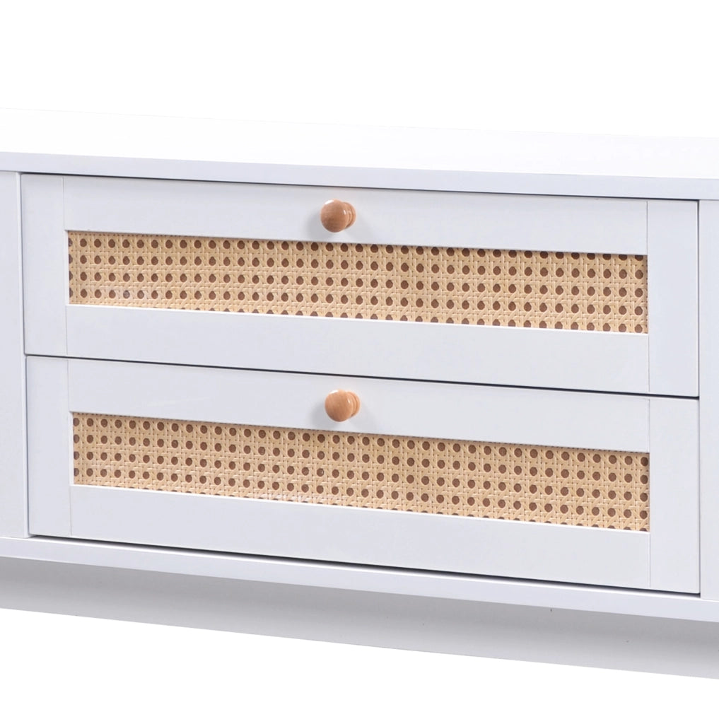 Mobile TV moderno 170 cm bianco effetto legno con ante e cassetti in rattan