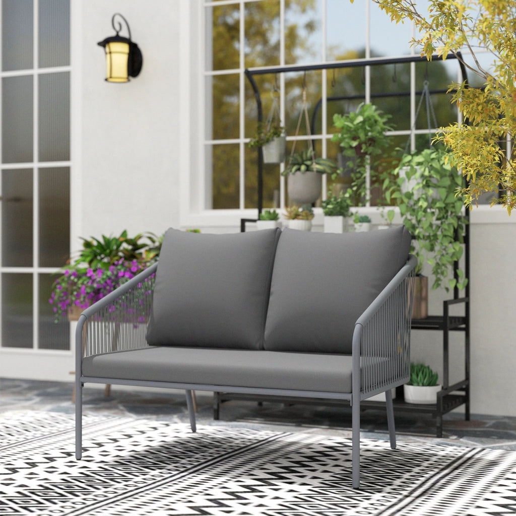 Divano da Giardino 2 Posti Stile Boho 112x72x76 cm con Cuscini Sfoderabili e Braccioli in Rattan PE e Acciaio Grigio