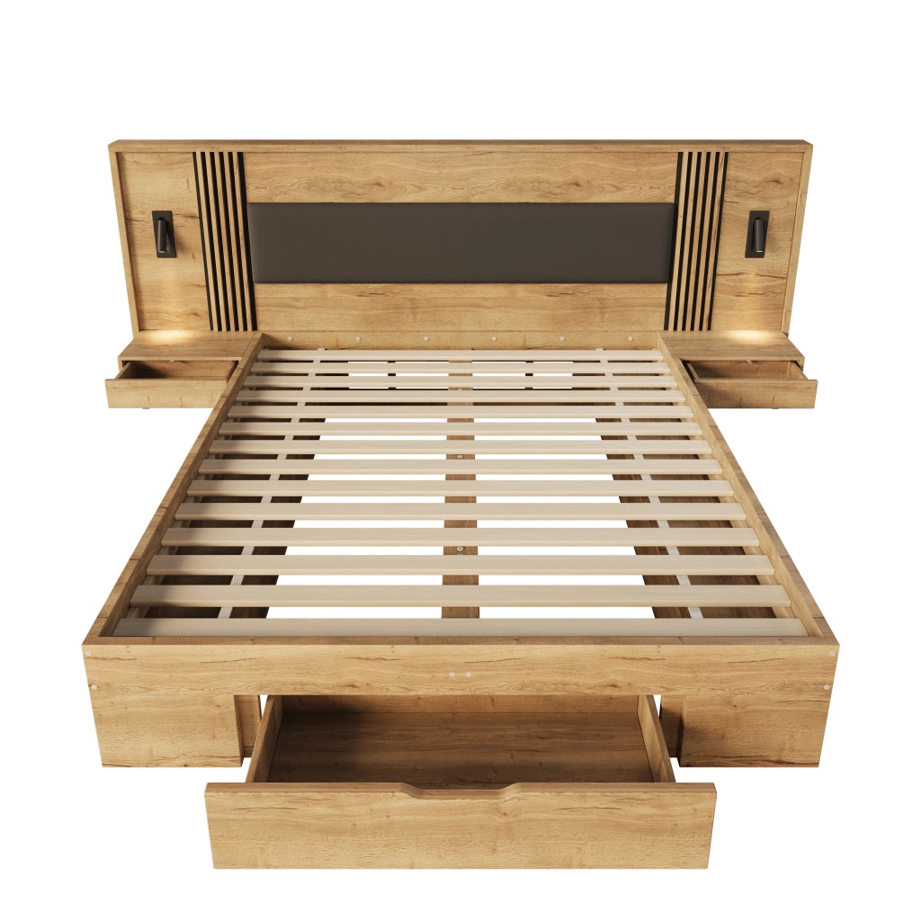 Letto Matrimoniale Contenitore con Cassetti e Comodini ¨C MINIMAL ¨C Legno Naturale 180x200