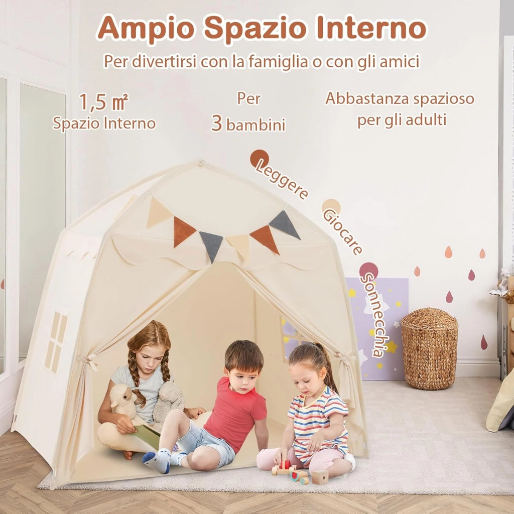 Tenda per Bambini con Luci Fatate e Bandierine, Tenda Casetta da Gioco con 2 Finestre, Tenda Gioco Castello Portatile per Interni ed Esterni, 157 x 98 x 148 cm (Beige)