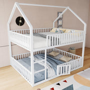 Letto a castello 140x200 cm a forma di casa con scala e porta in metallo bianco