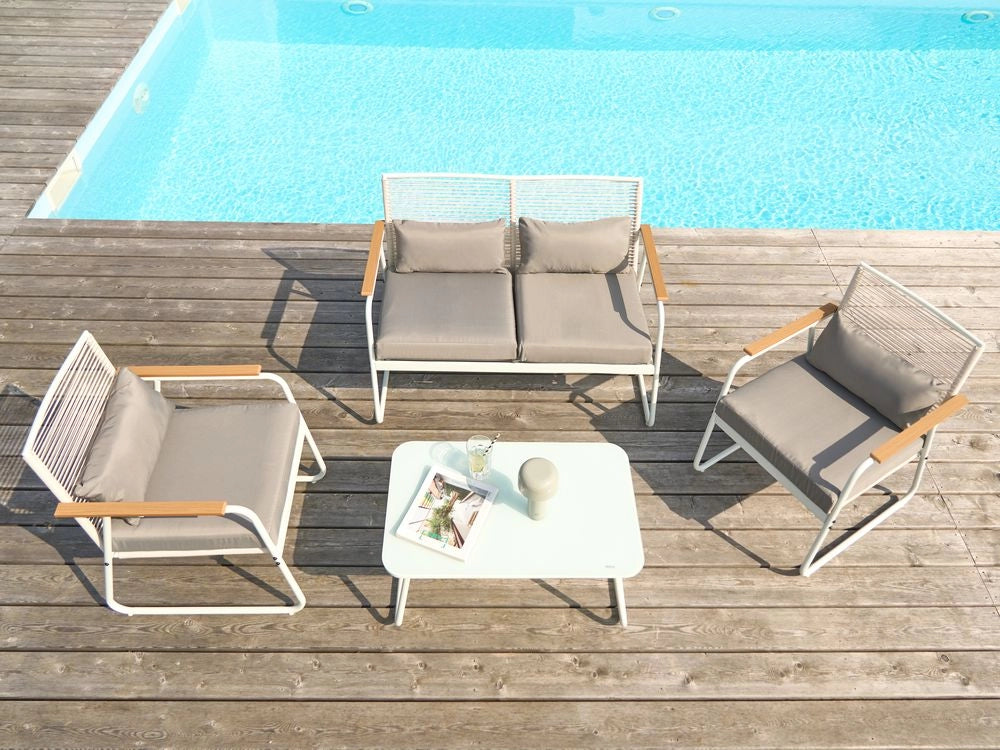 Set da giardino in acciaio bianco con cuscini grigi Set da salotto 4 posti Tavolo moderno