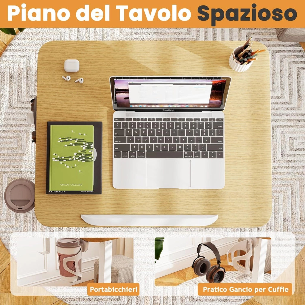 Tavolo Pieghevole per Laptop su Ruote con Piano Inclinabile a 90°, Tavolino Regolabile in Altezza e Portatile con Gancio & Portabicchiere per Divano e Letto