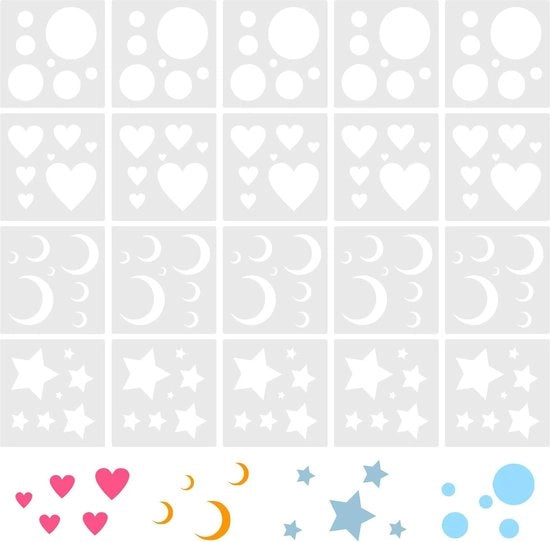 Kit di stencil in plastica con cerchi, luna e stelle - Ridisponibili per muri, carta, legno - Progetti artistici e tessuti per la casa - 20 pezzi
