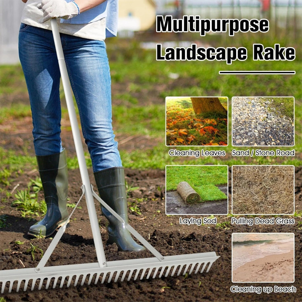 Rastrello da Giardino in Alluminio con Manico Lungo 174 cm, Rastrello da Prato Largo 91 cm con 36 Denti Rigido per Paesaggio, Ideale per Foglie, Erbacce, Terreno e Detriti (Stile B)