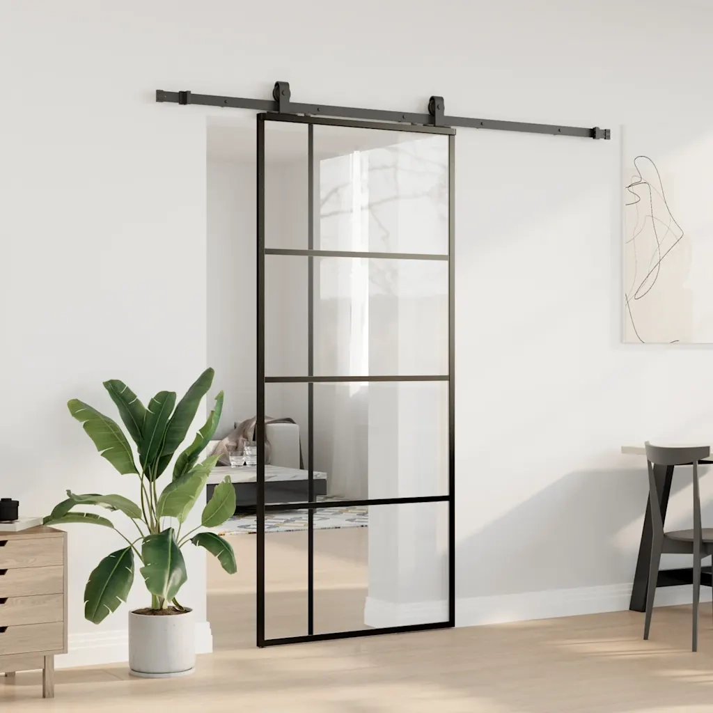 Porta Scorrevole con Ferramenta Nera 90x205 cm in Vetro ESG