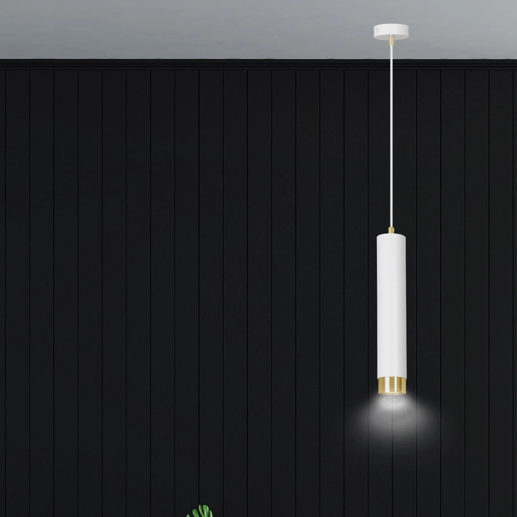 Sospensione 1 Luce Brunilde In Acciaio Bianco Con Tubolare In Bianco E Oro