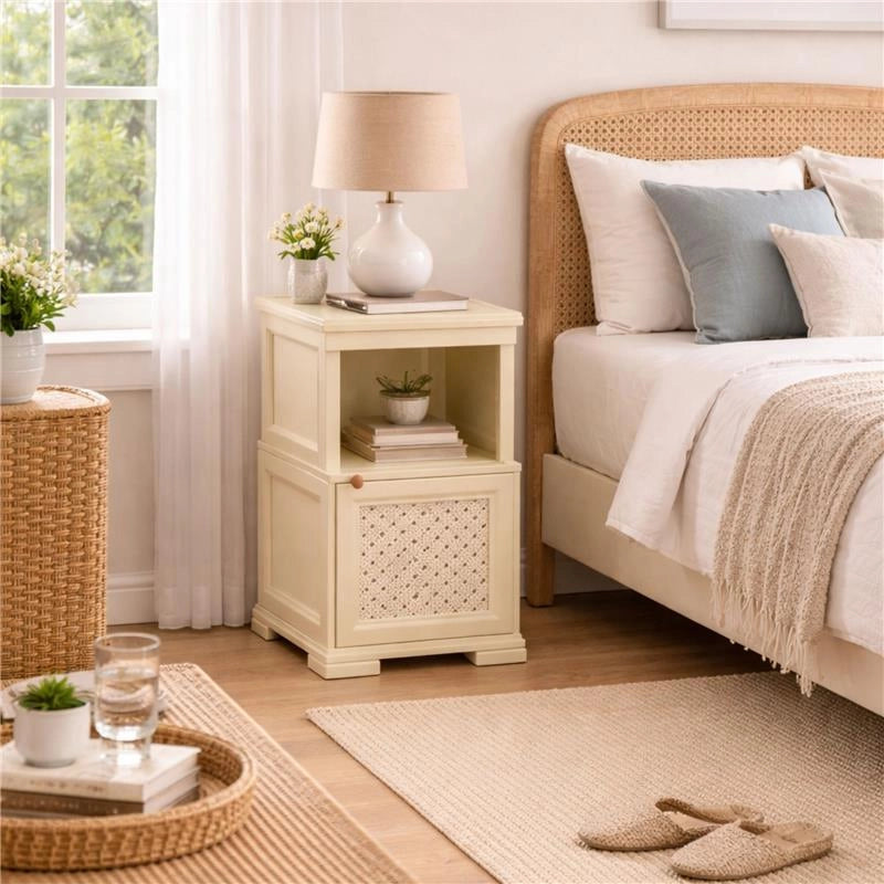 COMÒ COMODINO 2 MODULI ANGORA 40X43X85,5 CM CON ANTA TRAFORATA E VANO A GIORNO – MOBILE CONTENITORE COMPATTO PER CAMERA DA LETTO