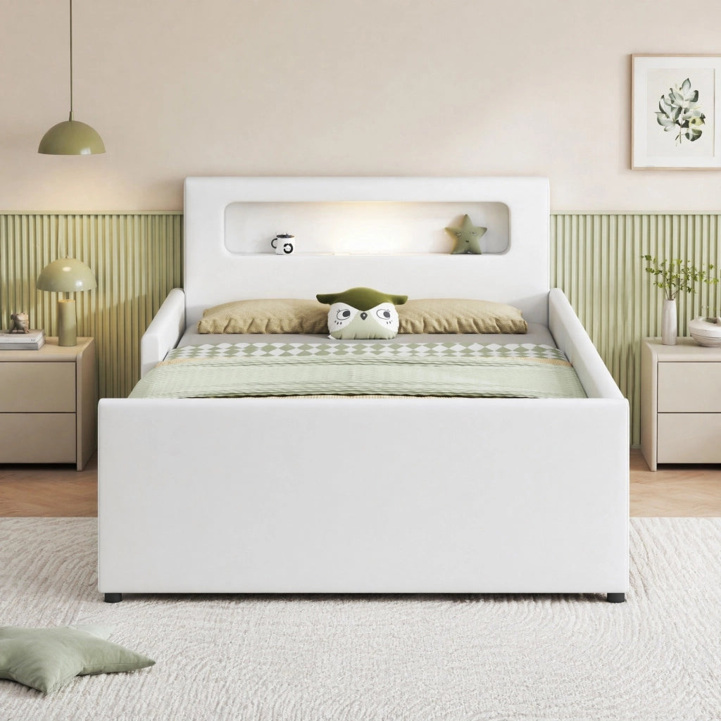 Letto singolo imbottito per bambini 90x200 cm bianco con USB