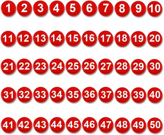 50 numeri magnetici 1-50, magneti con numeri, numeri rotondi, magneti per lavagna bianca, lavagna bianca, casa, classe, ufficio, frigorifero (diametro 2 cm, rosso)