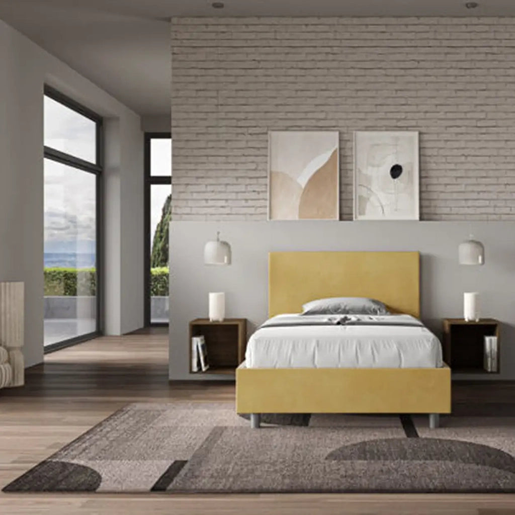 Letto una piazza e mezza contenitore imbottito 120x200 microfibra ocra Adele