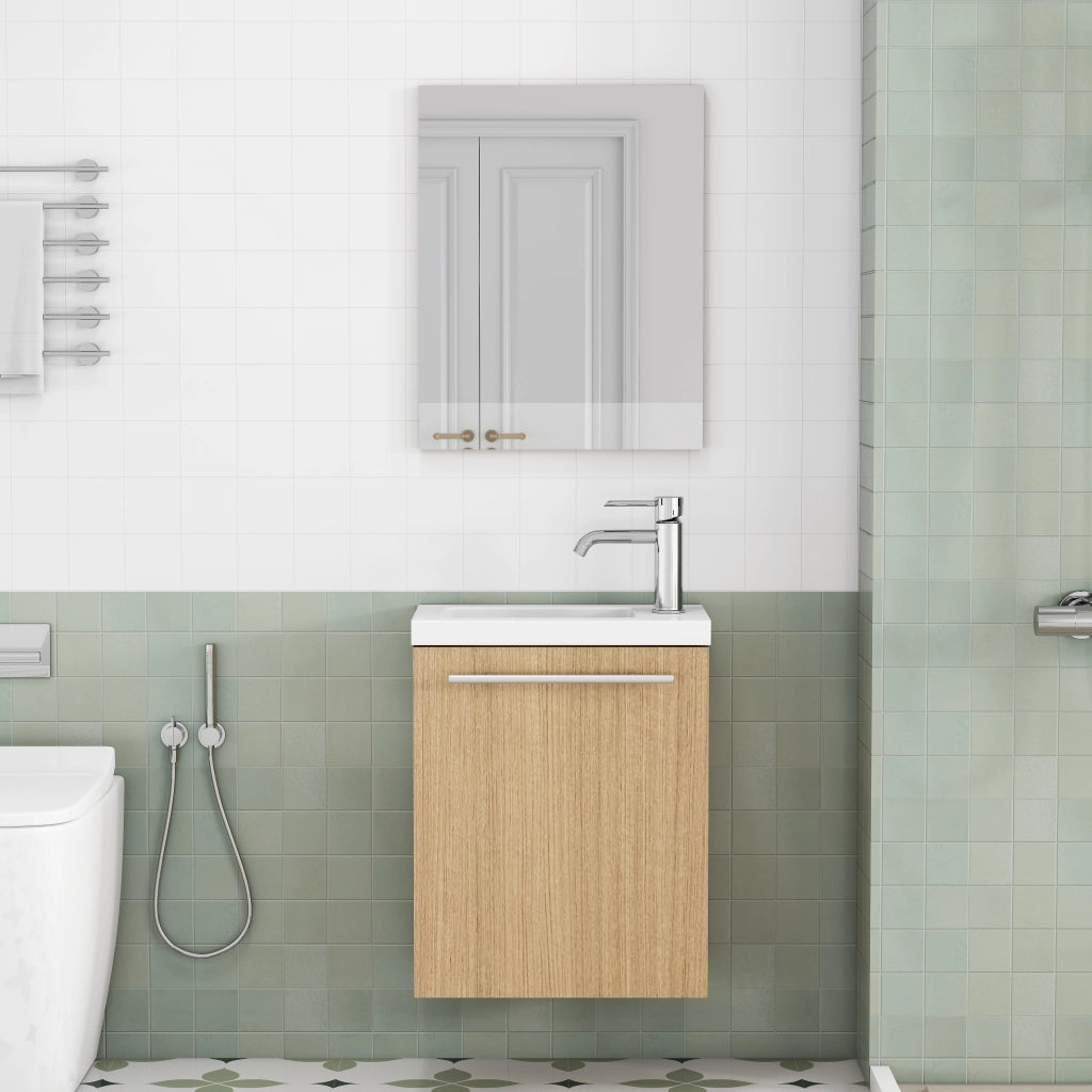 Mobile bagno sospeso con lavabo in ceramica e specchio; cerniere ammortizzate e maniglie in metallo; per bagno; in MDF; rovere