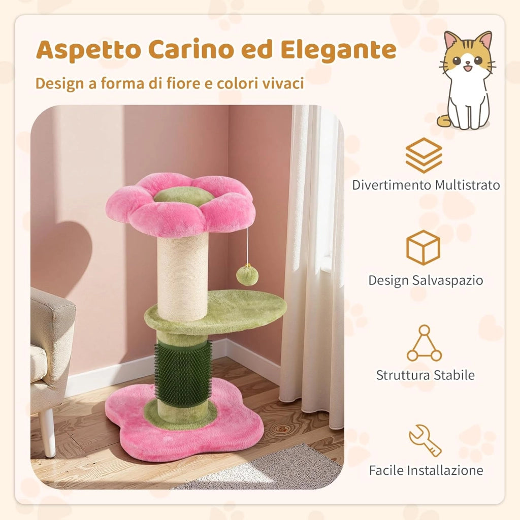Albero per Gatti da Interno Alto 69 cm, Tiragraffi per Gatti a Forma di Fiore con Piedistallo Imbottito in Pile, Tiragraffi in Sisal e Pallina Appesa, Mobili per Gattini a Più Livelli (Rosa)